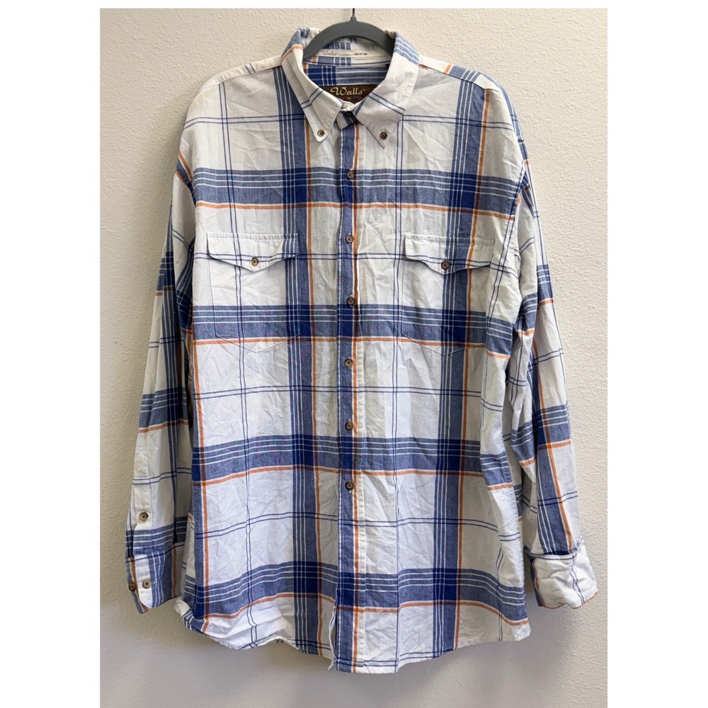 Walls Authentic Ranch Wear Mens Large Plaid Cotton Western Button Down Shirt L